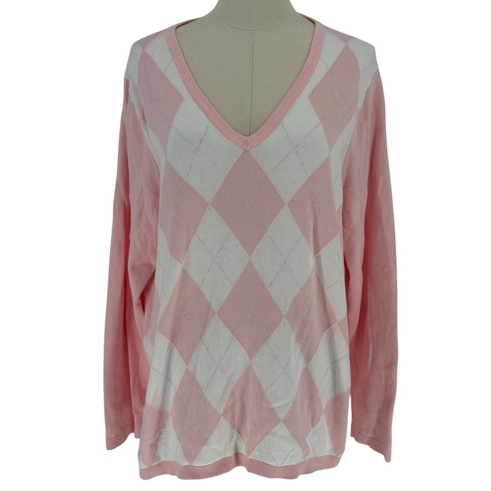 Tommy Hilfiger‎ Argyle Sweater Pink White V-Neck 100% Cotton 0X